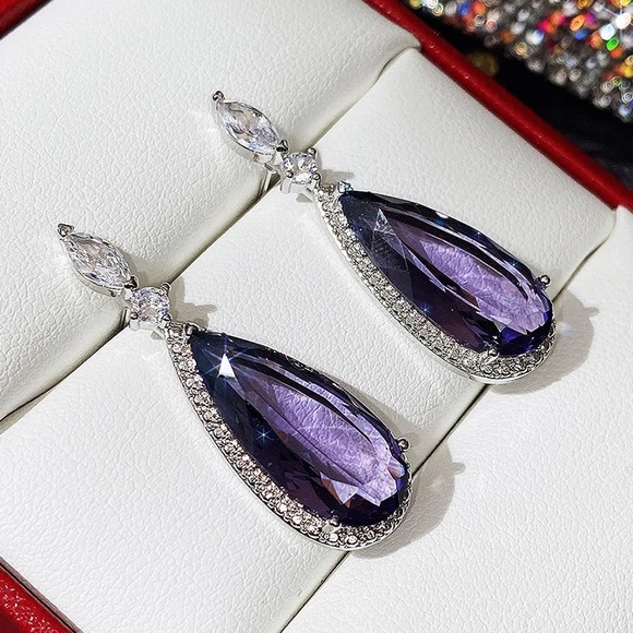 💜Silver Purple Amethyst  Water Drop Earrings - Picture 4 of 6